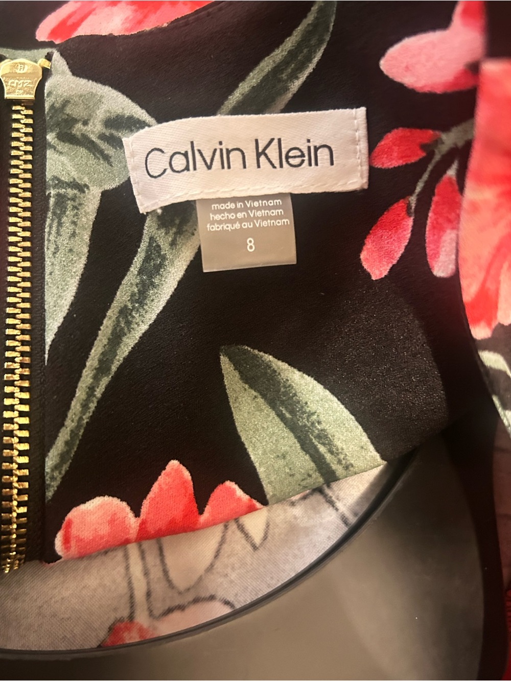 Calvin Klein Black Dress with Pink & Green Floral Print and Gold Zip